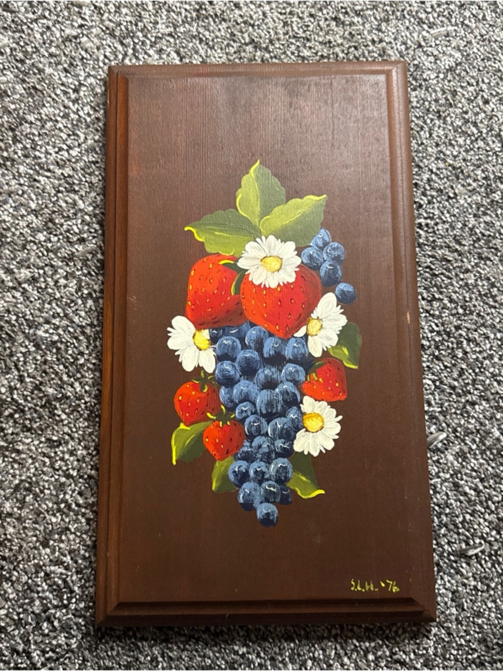 Vintage 70’s Hand Painted Fruit On Wooden Wall Plaque 12.5”x7”